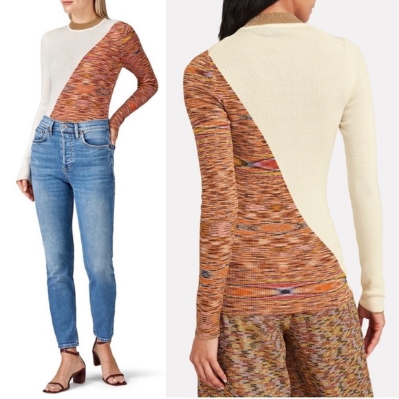 MISSONI Wool Rib Knit Asymmetric Colorblock Long Sleeve Mockneck Slim Sweater M - Picture 3 of 10